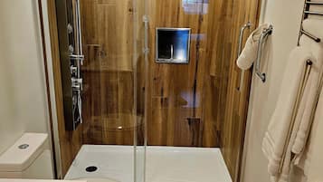 A modern bathroom with a glass-enclosed shower, a toilet, and a sink.
