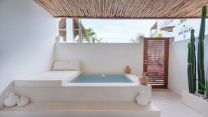 Un espacio al aire libre minimalista con una bañera hidromasaje integrada, un portón de madera y cactus.