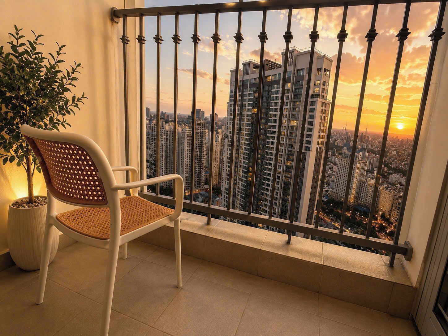 Un balcón con vistas a edificios altos, una planta en maceta y una silla blanca.