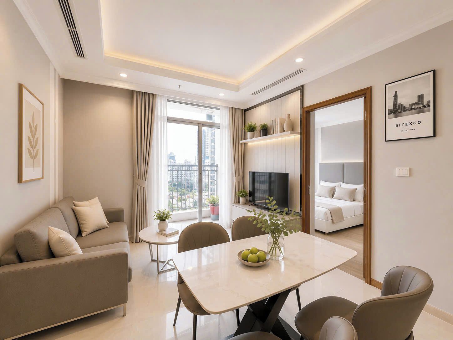 A modern living room with a sofa, a dining table with chairs, a TV, and a city view through the window.