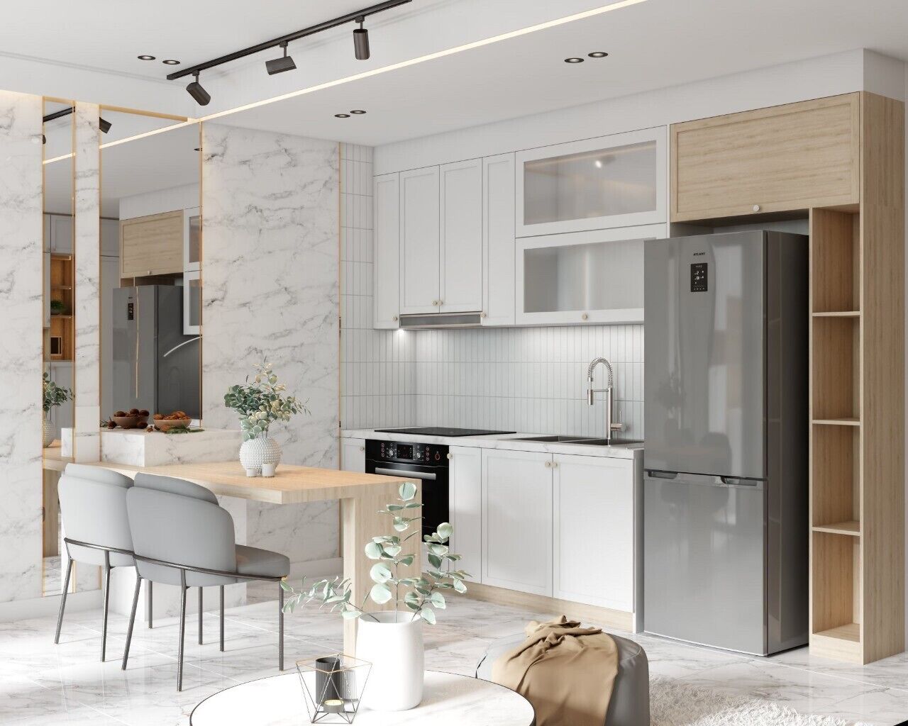 A modern kitchen with white cabinetry, a stainless steel refrigerator, and a dining area with a wooden table and chairs.