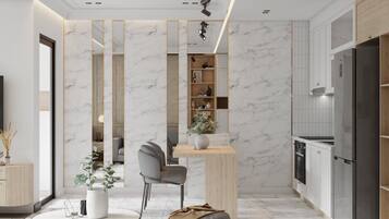 Luxury Apartment, 1 King Bed, City View | Living area | 45-inch flat-screen TV with digital channels, fireplace, offices