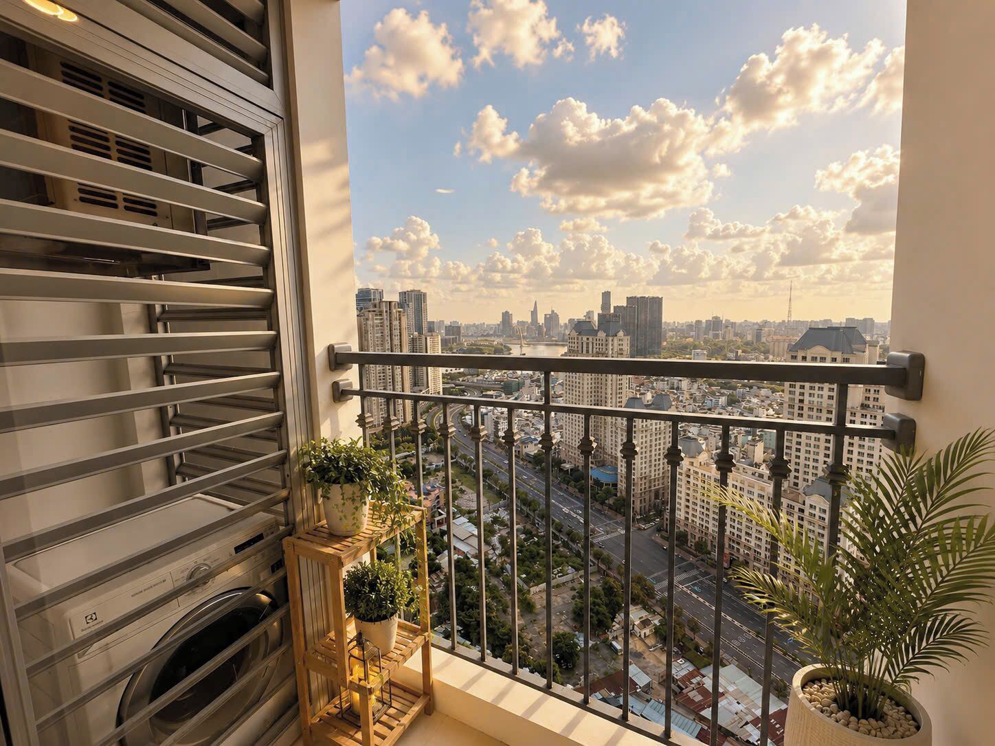 A balcony with a city view, a washing machine, and potted plants.