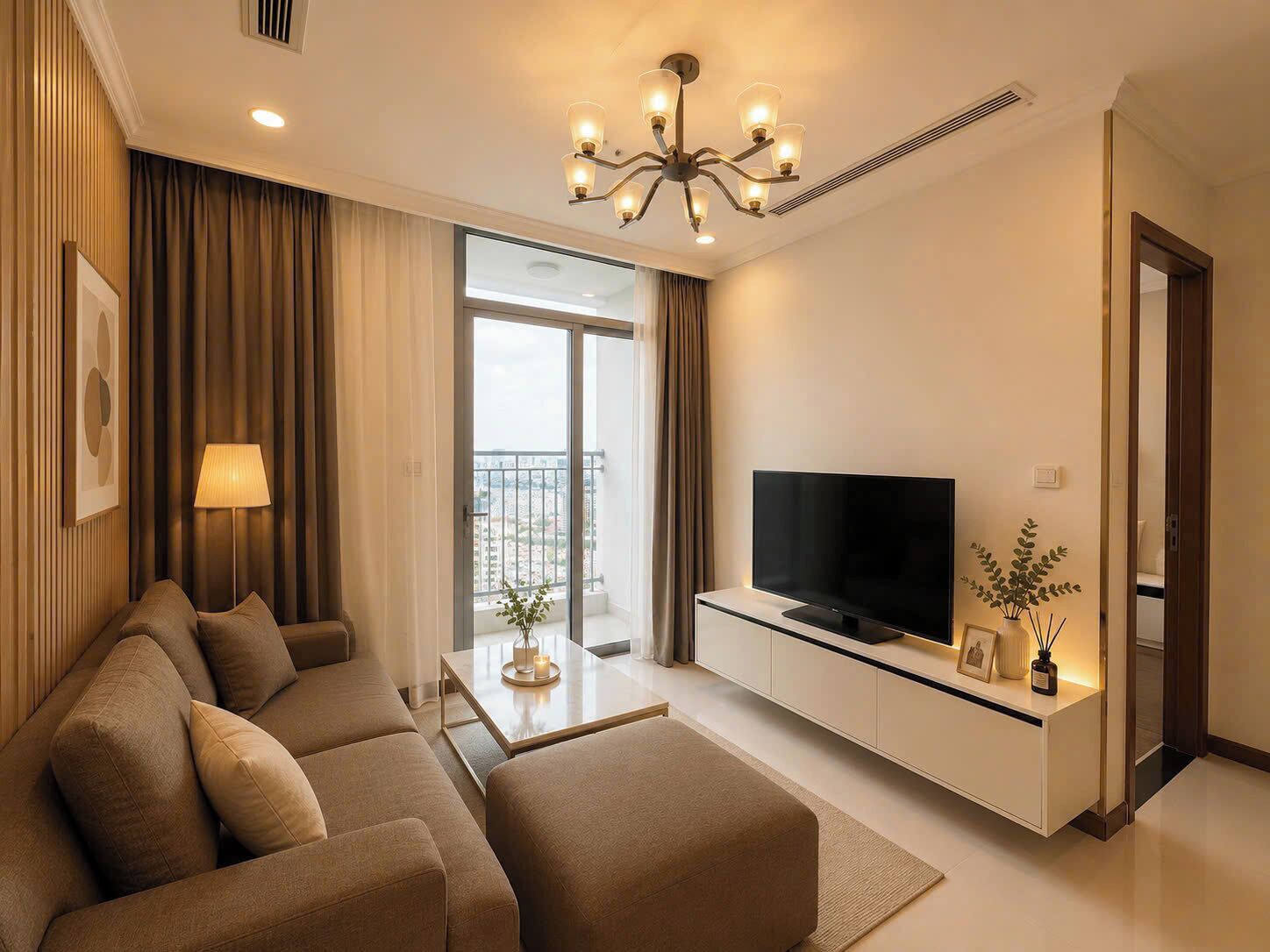 A modern living room with a sofa, TV, and a balcony with a city view.