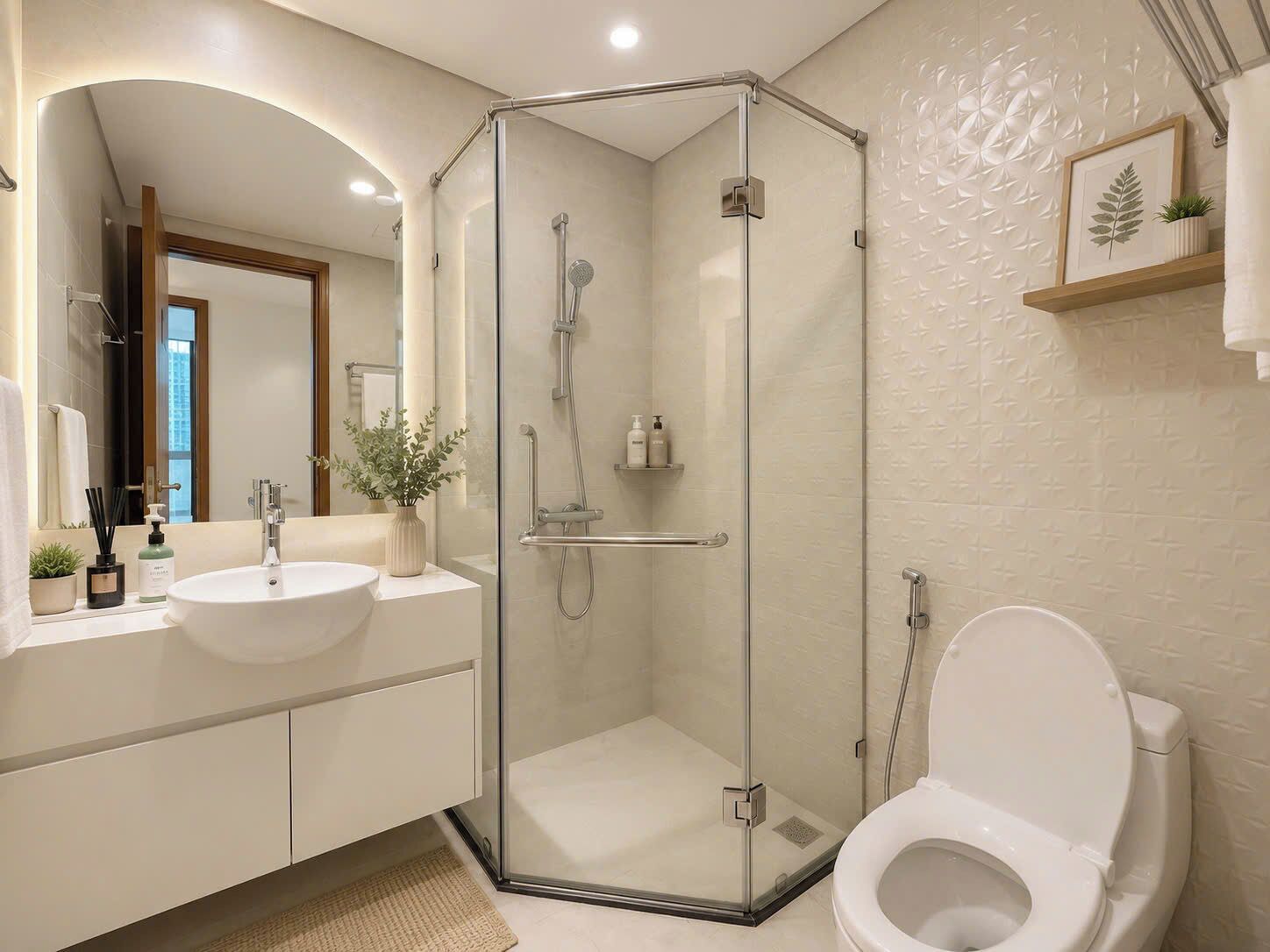 Un baño moderno con ducha de vidrio, lavamanos blanco y retrete.