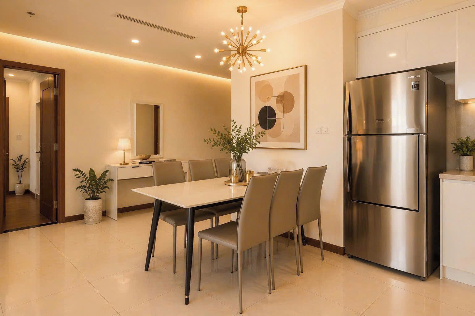A modern kitchen with a stainless steel refrigerator, a dining table with chairs, a chandelier, and a potted plant.