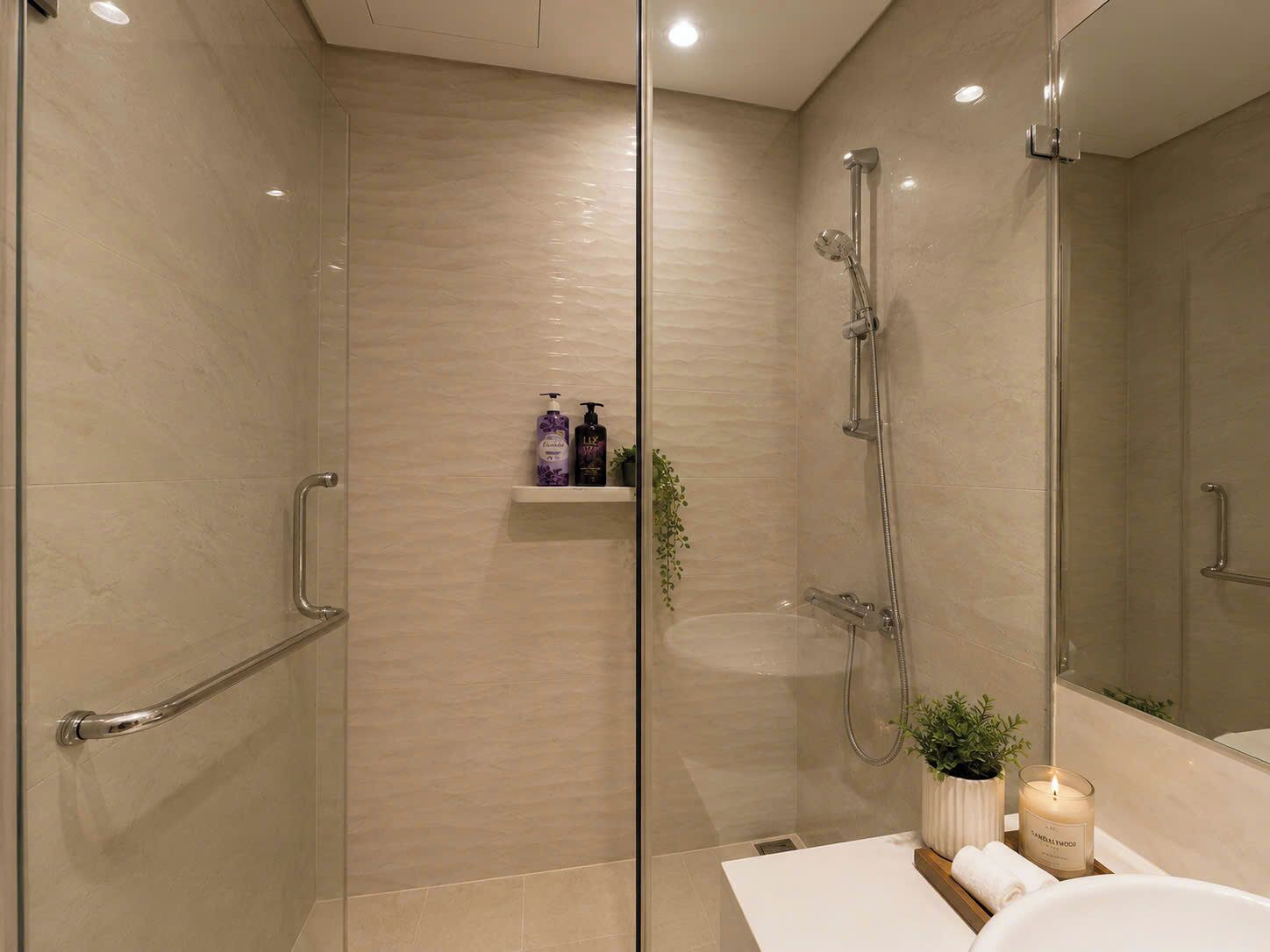 Un baño moderno con cabina de ducha de vidrio, un lavamanos blanco y un espejo.