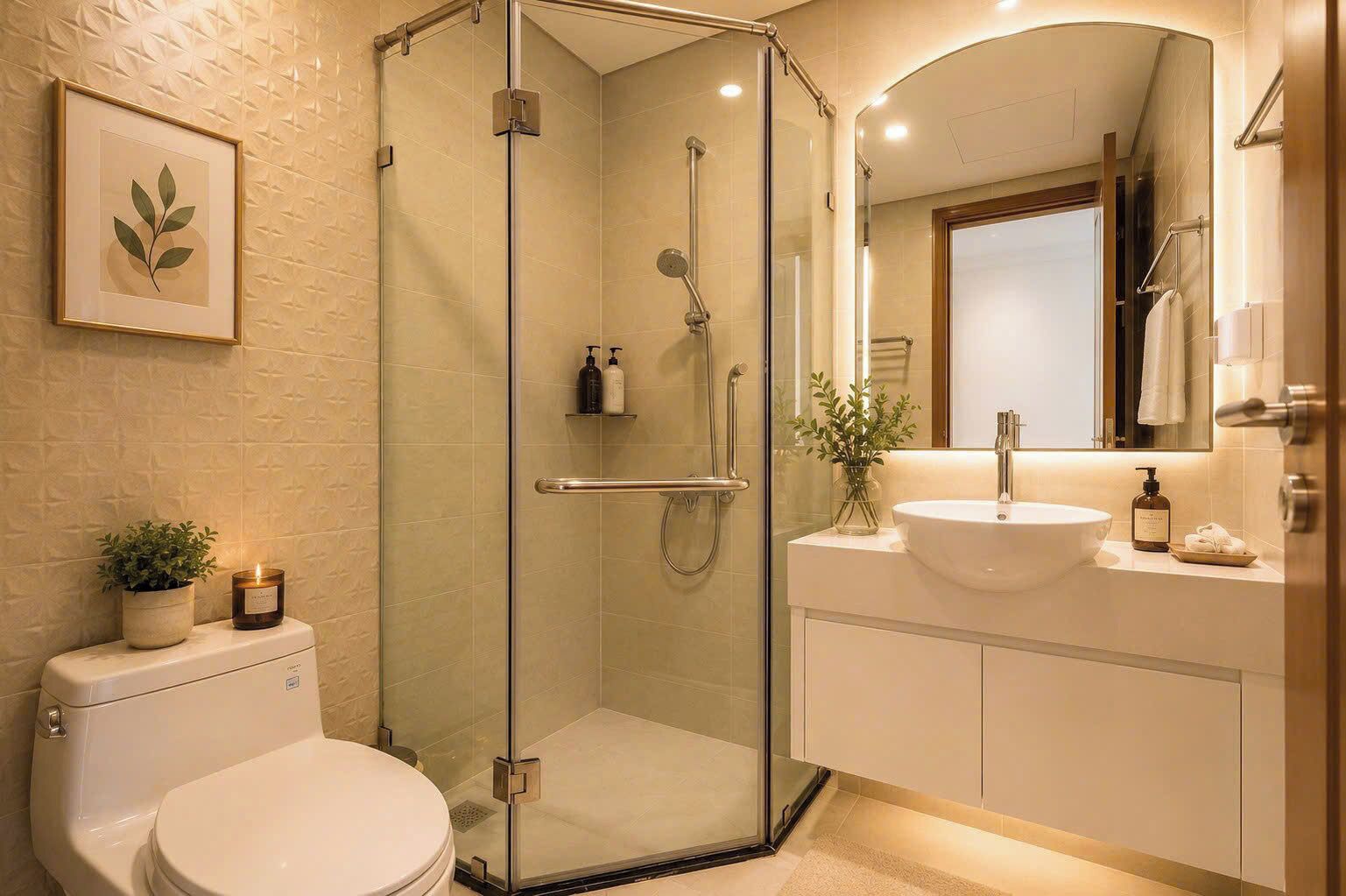 A bathroom with a glass-enclosed shower, a white toilet, a sink with a mirror, and a framed plant on the wall.
