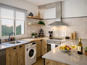 Une cuisine moderne équipée d’un lave-linge intégré, d’une cuisinière et d’une grande fenêtre.