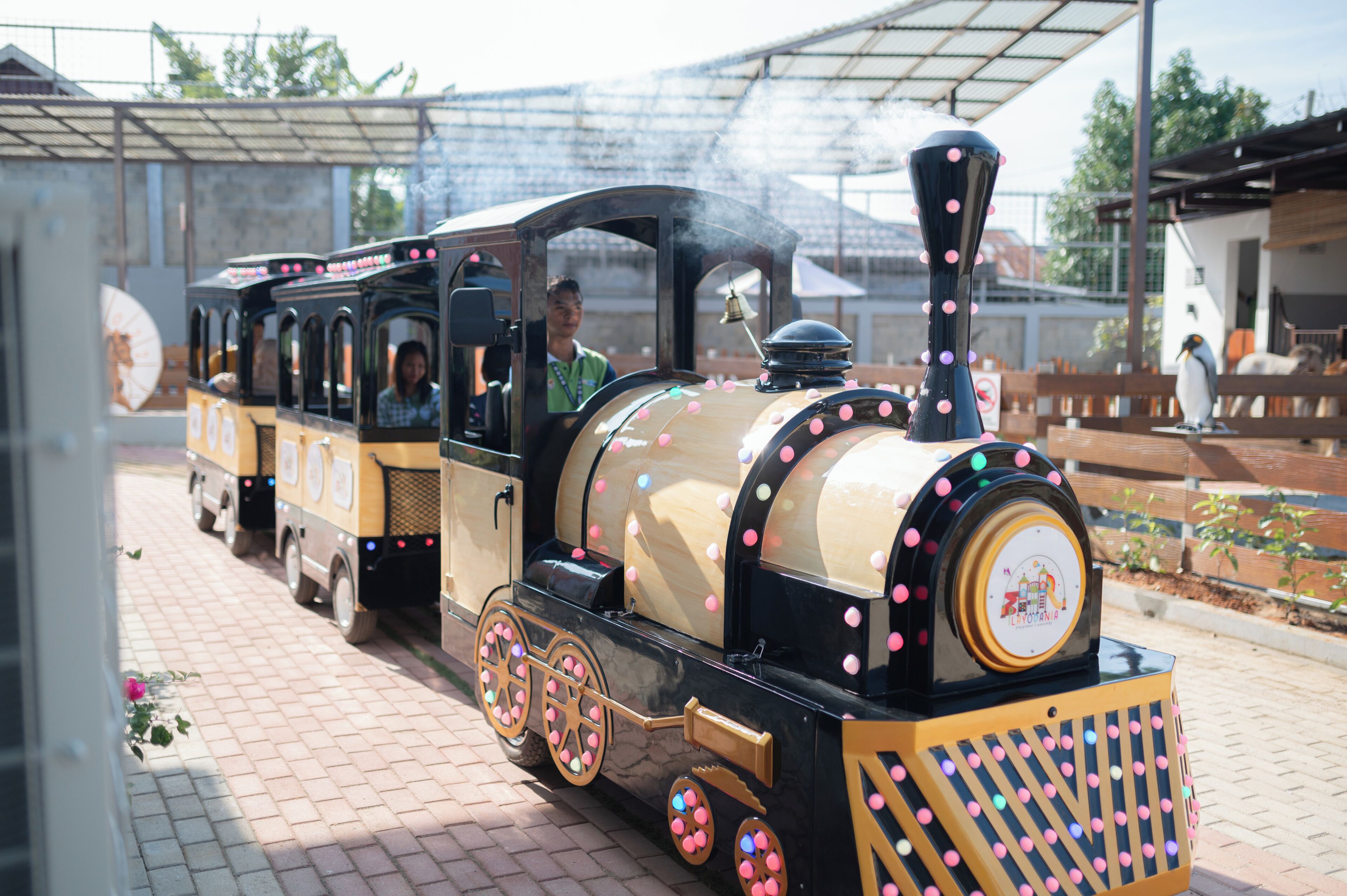 Un train d’époque, de couleur noire et jaune, avec une locomotive à vapeur et des passagers visibles.