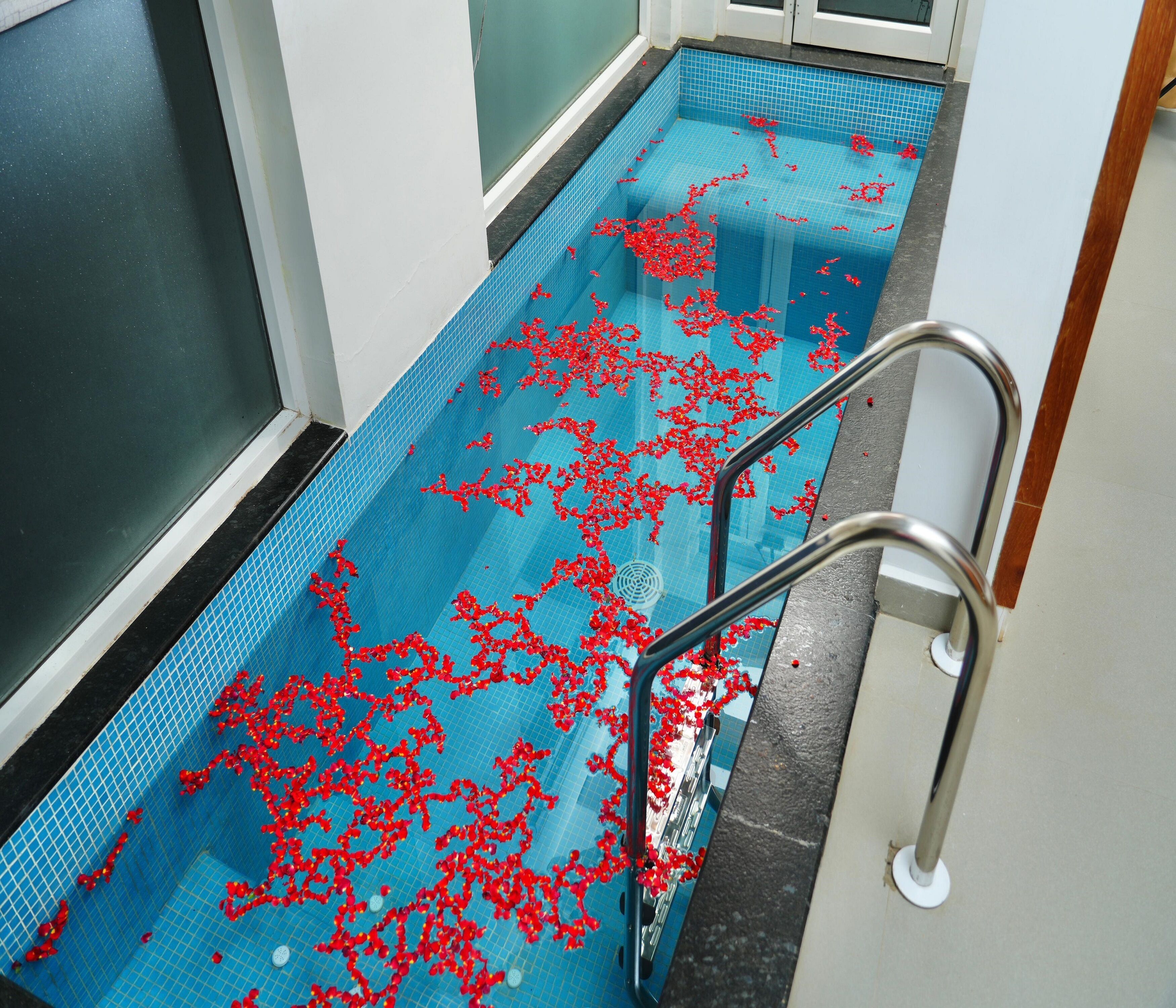 Une piscine dont le fond est parsemé de pétales rouges, avec des rampes en métal et un bord carrelé.