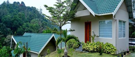 A two-story house with a green roof, surrounded by lush greenery and a hilly landscape.