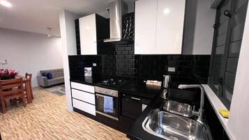 Deluxe Apartment | Private kitchen | Full-size fridge, microwave, oven, stovetop
