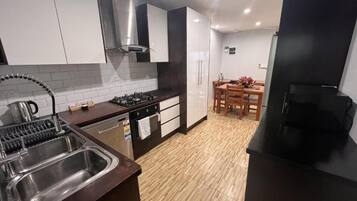 Cozinha moderna com fogão a gás, pia de aço inoxidável e geladeira preta.
