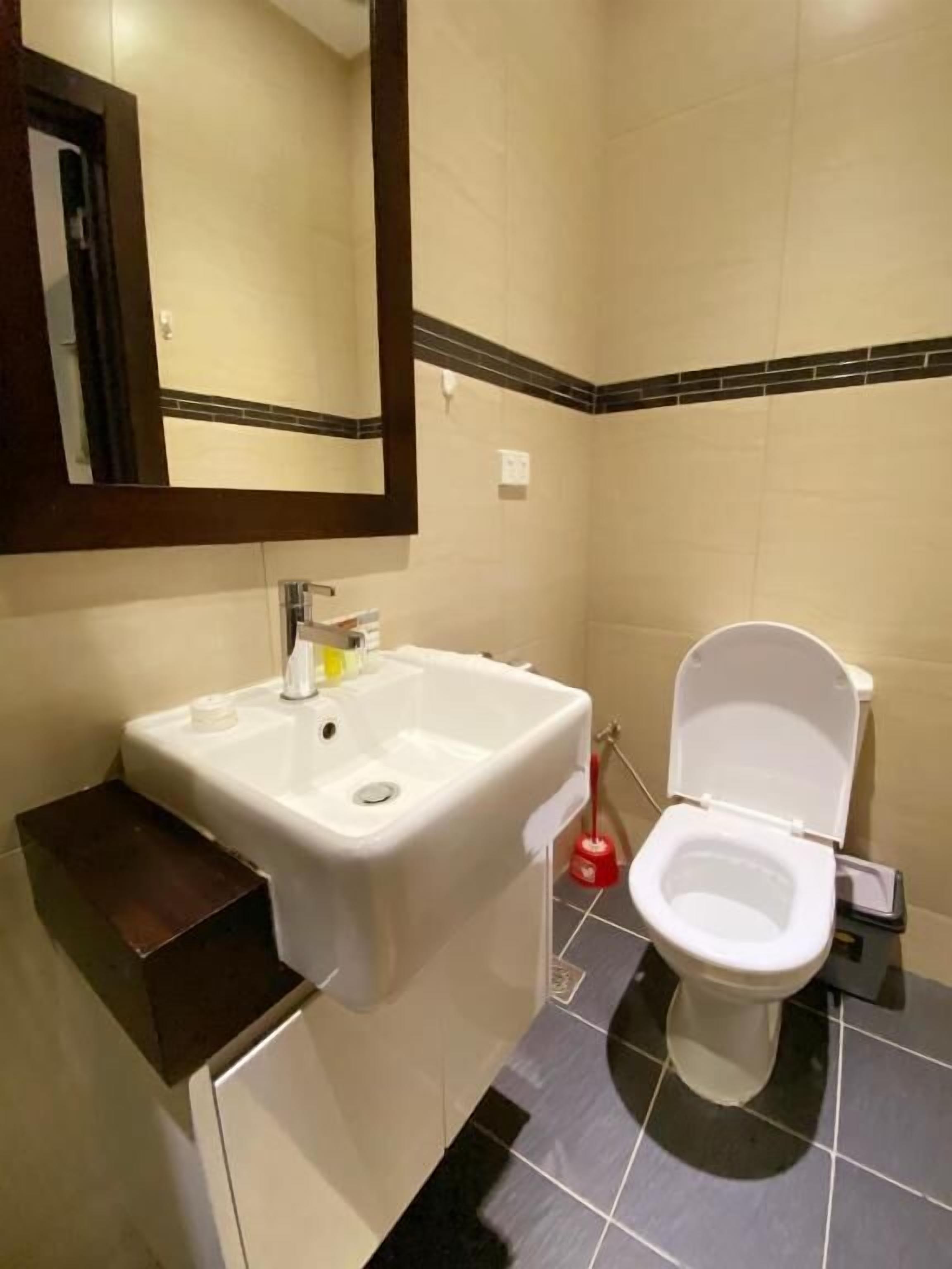 A bathroom with a white sink, a mirror, and a toilet.