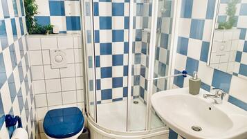 Hair dryer, towels, soap