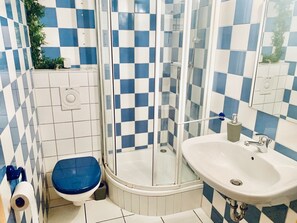 Shower, hair dryer, towels, soap