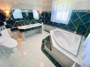 Shower, hair dryer, towels, soap