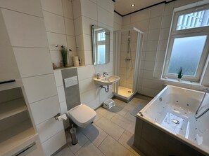 Douche, séchoir à cheveux, serviettes fournies, savon