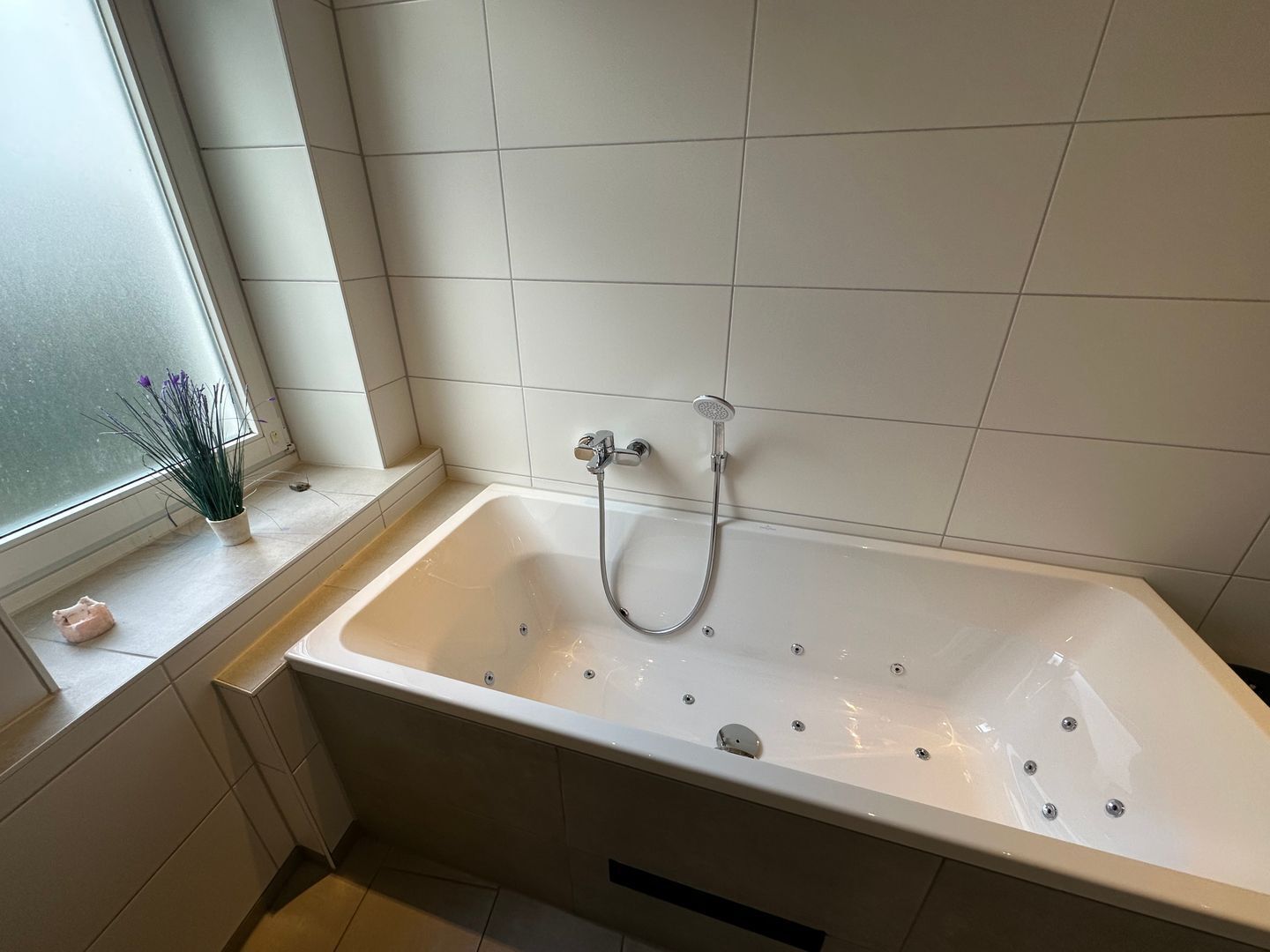 A modern bathroom with a freestanding bathtub, a handheld showerhead, and a small potted plant on the windowsill.