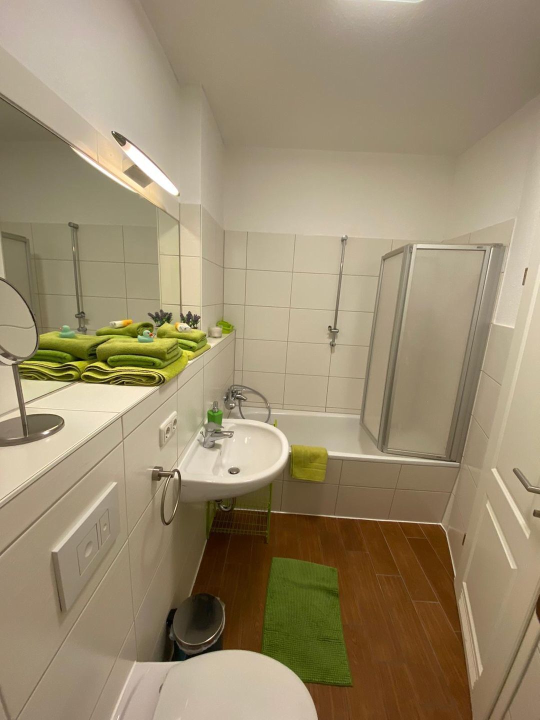 Hair dryer, towels, soap
