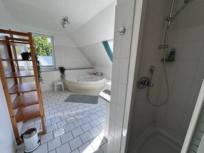 Dusche, Haartrockner, Handtücher, Seife