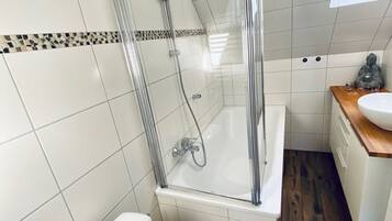 Hair dryer, towels, soap