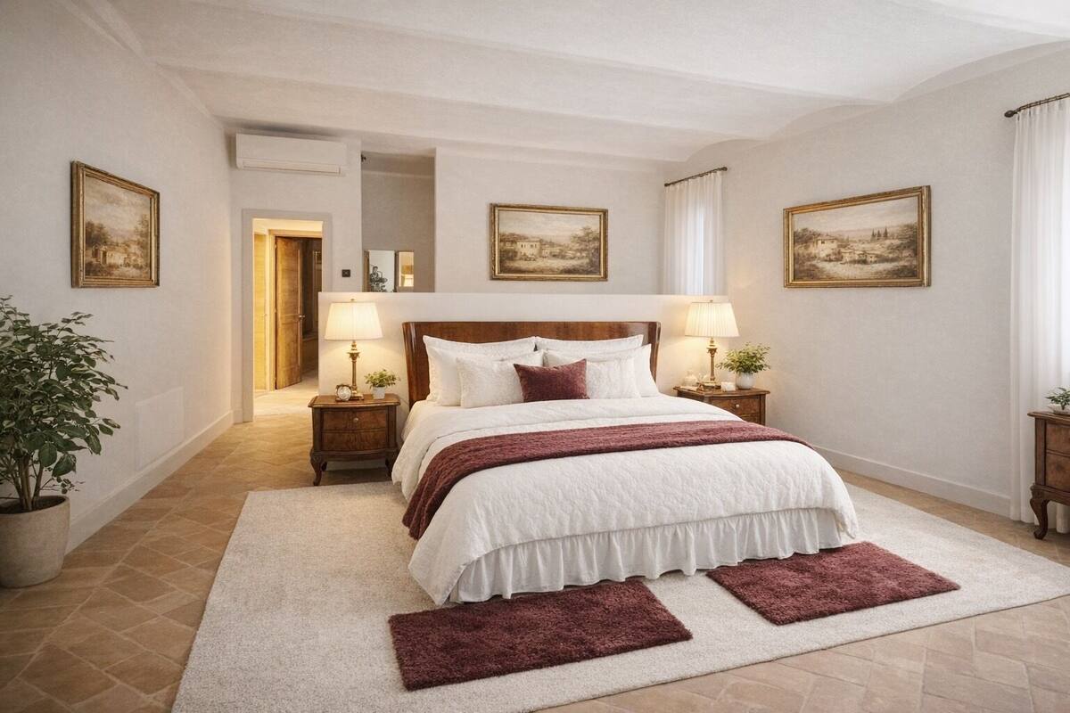 Un dormitorio con una cama grande, dos mesitas de noche con lámparas, una planta en maceta y tres cuadros en las paredes.