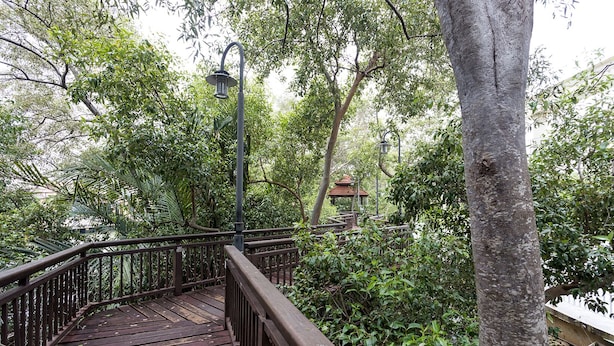 A wooden bridge with metal railings leading to a gazebo surrounded by dense foliage. - Mio Boutique Hotel Melaka (Malacca City)