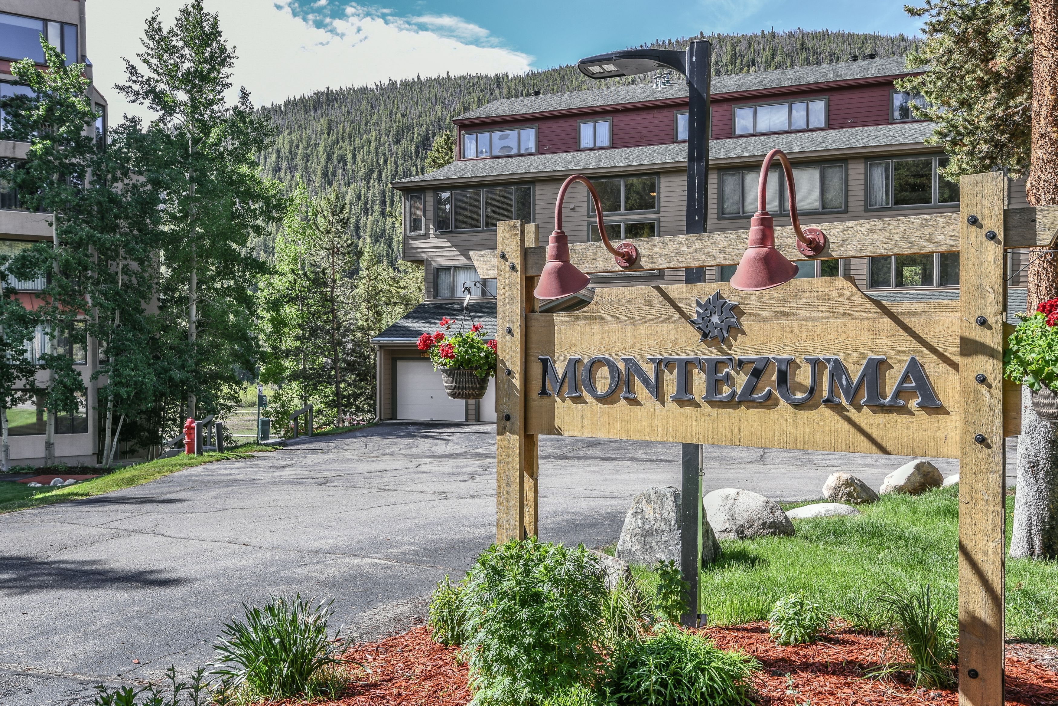 Un letrero de madera con el nombre 'Montezuma' y una vista de la montaña al fondo.