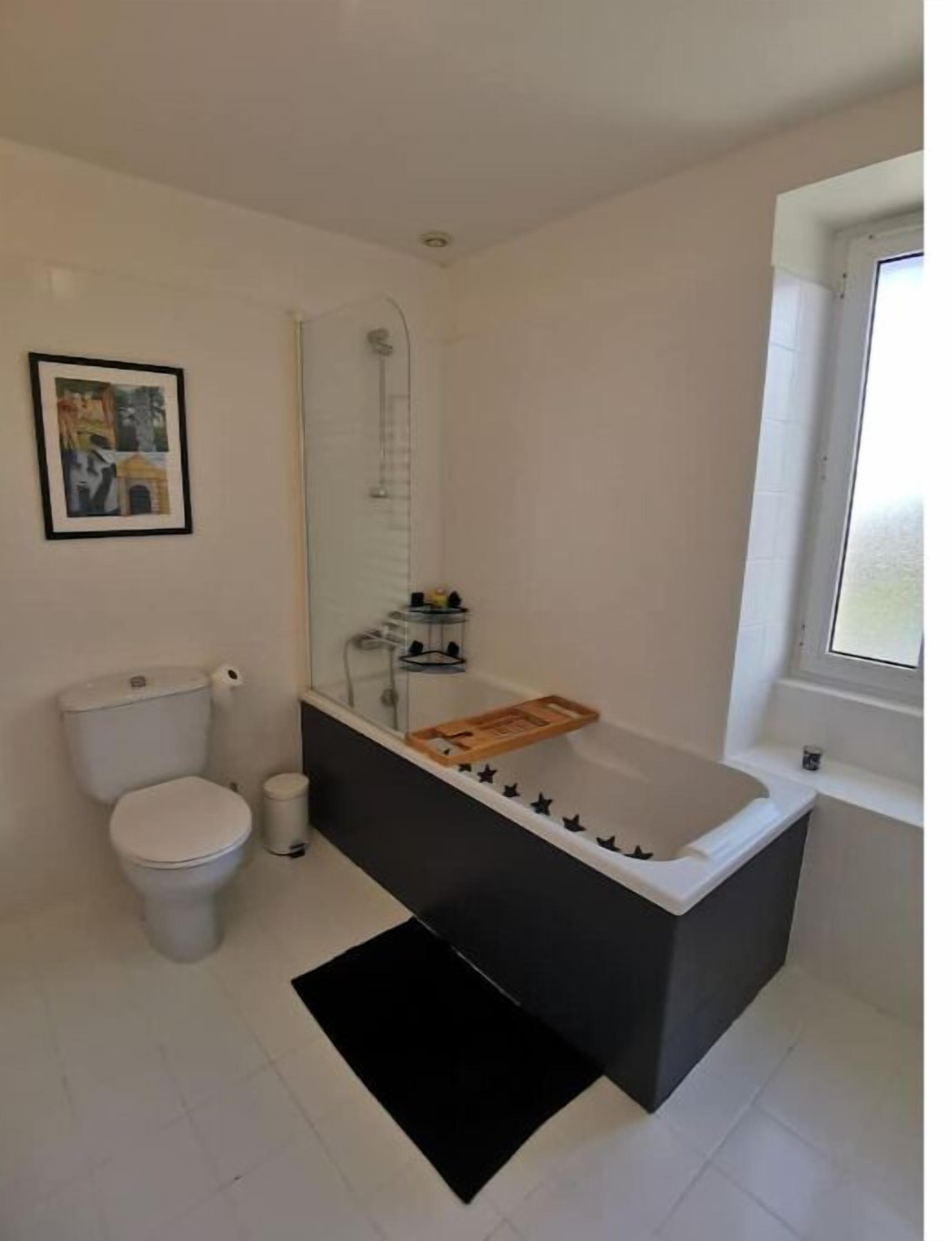 A modern bathroom with a toilet, a bathtub, and a shower.