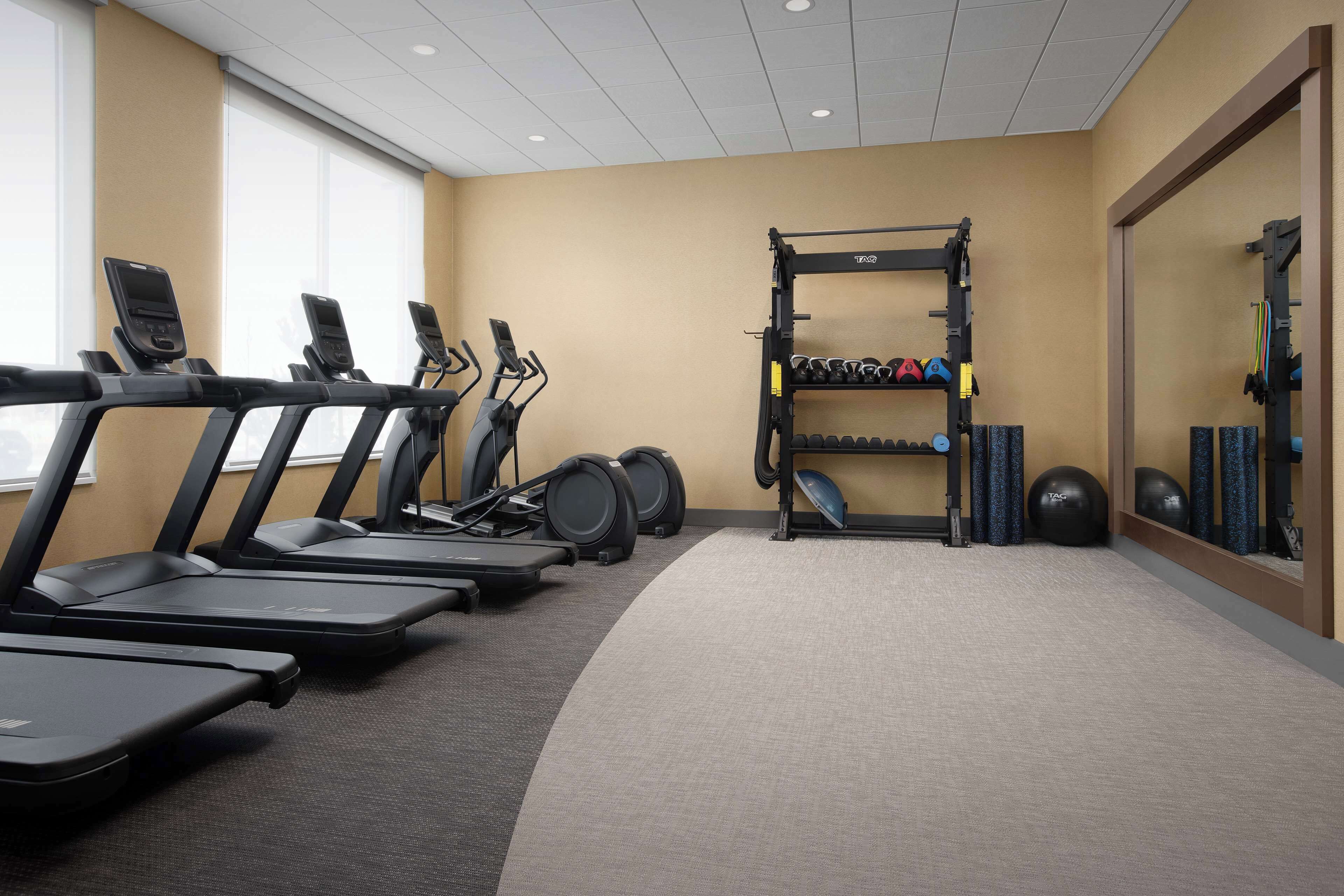 A gym with treadmills, elliptical machines, a squat rack, and various weights.