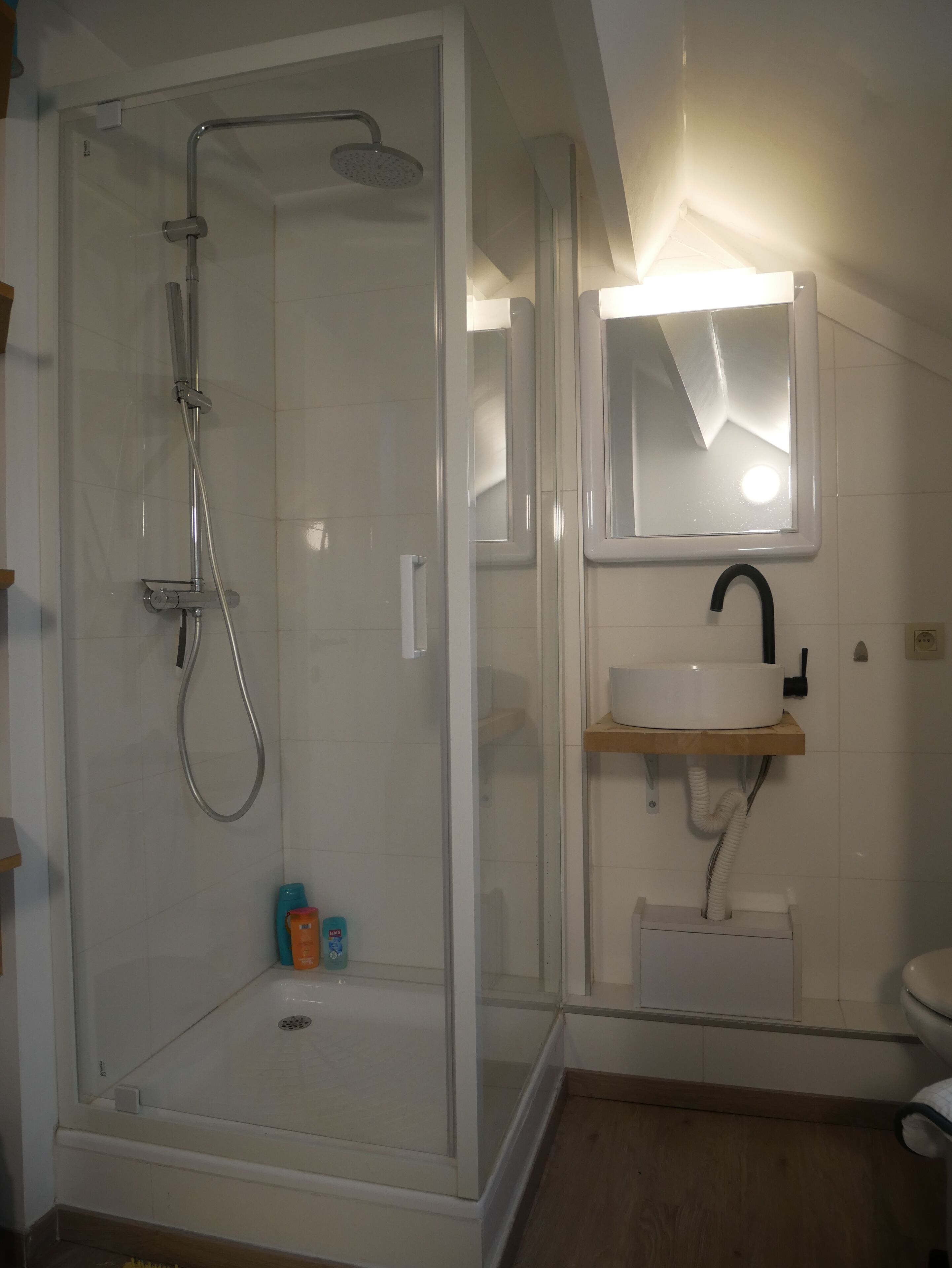 A modern bathroom with a glass-enclosed shower, a white sink with a black faucet, and a mirror above the sink.