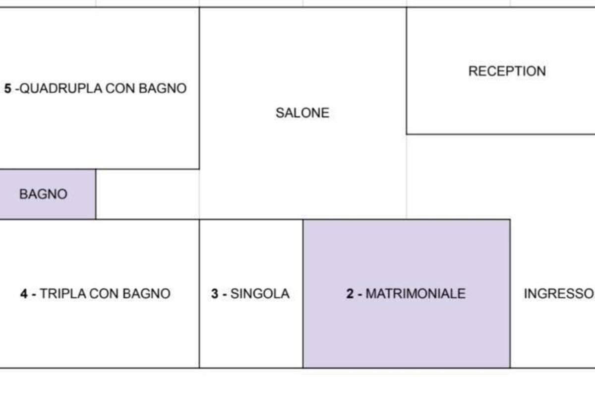 A hotel floor plan with labeled rooms including a reception, kitchen, private area, and various types of accommodations like a couple's room, single room, and rooms with a bathroom.