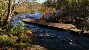 Un río con un puente de hormigón y vegetación circundante.