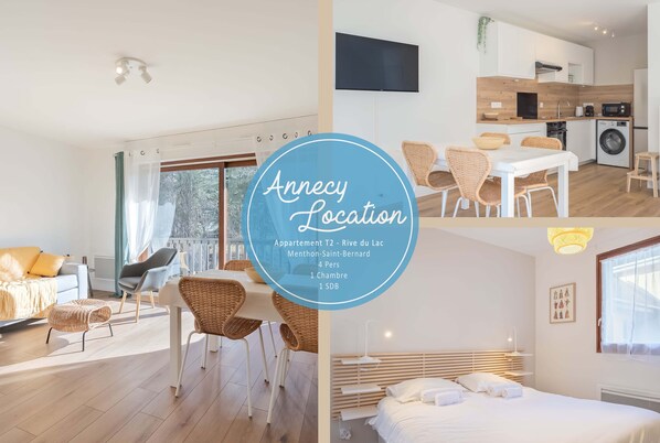 Un apartamento moderno con comedor, cocina y dormitorio. Incluye una mesa de comedor con sillas, una cocina equipada y una cama con cabecera.