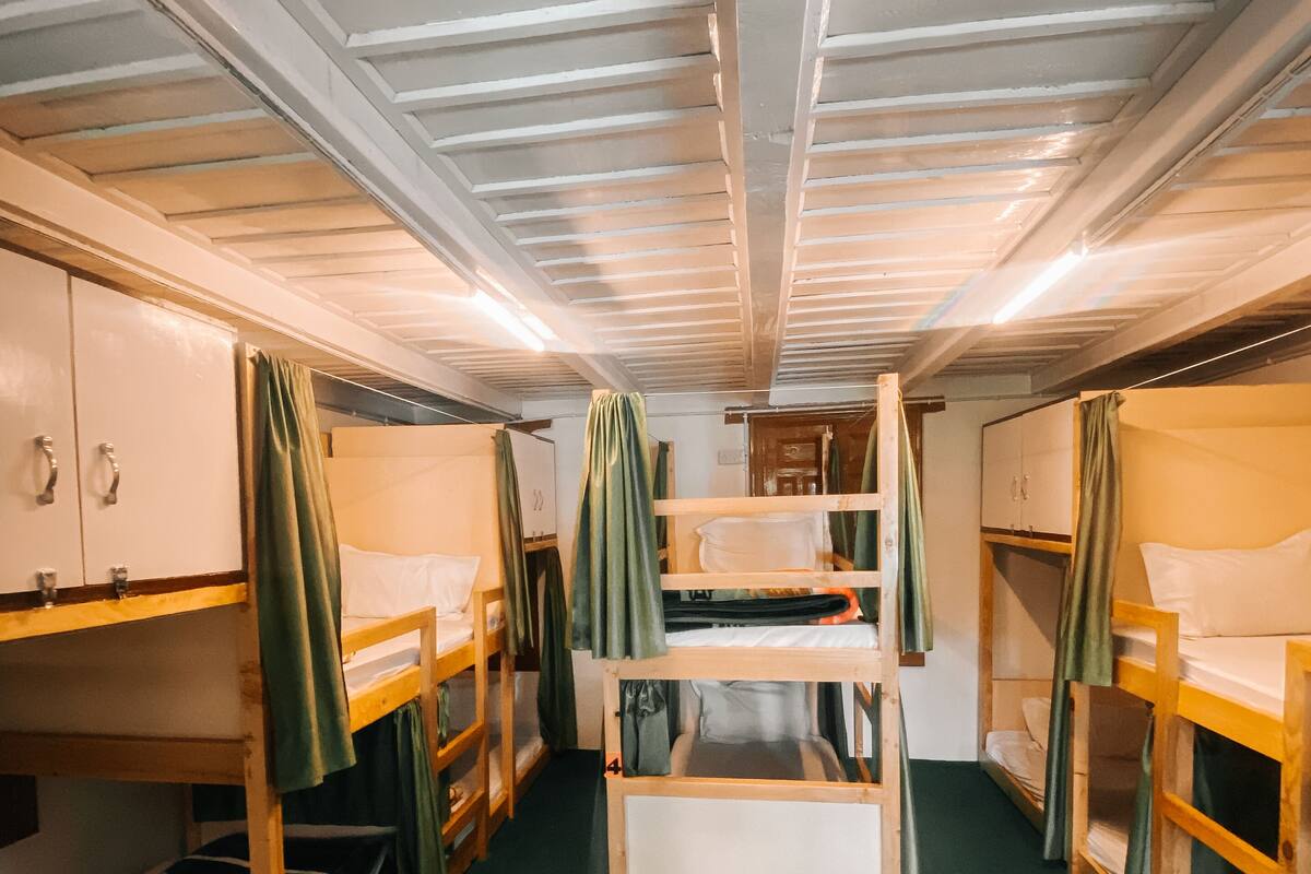 A compact dormitory room with bunk beds, wooden lockers, and a green carpet.