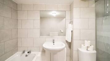 Hair dryer, towels, soap, shampoo