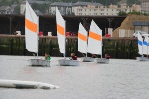 Sailboats bob gently on the calm water, offering a serene sailing experience.