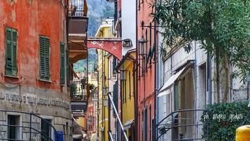 A narrow street with colorful buildings, balconies, and a mountain in the background.