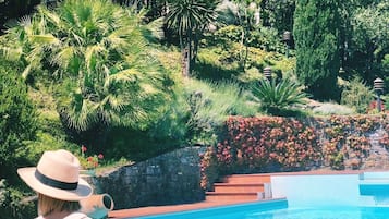 Seasonal outdoor pool, open 8:00 AM to 8:00 PM, pool loungers