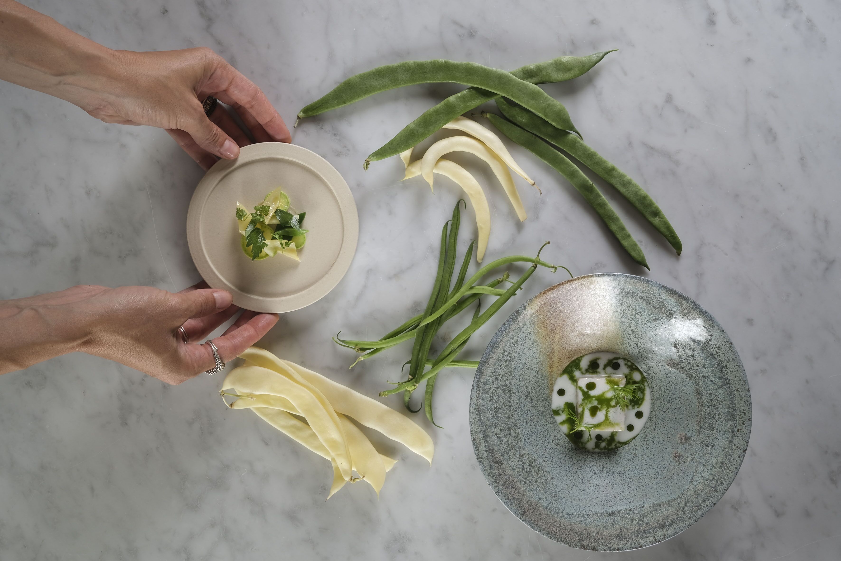 Vista cenital de una cocina con encimera de mármol, un plato de cerámica con guarnición verde y diversas verduras como judías verdes y calabacín.