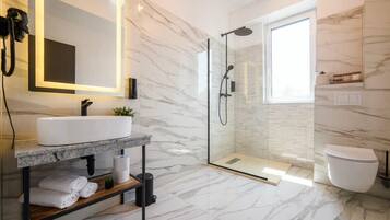 Shower, hair dryer, towels, shampoo