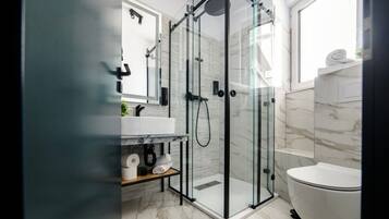Shower, hair dryer, towels