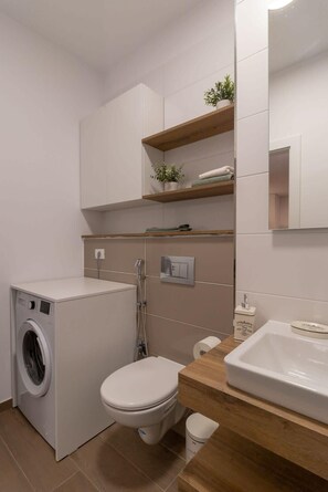Shower, hair dryer, towels