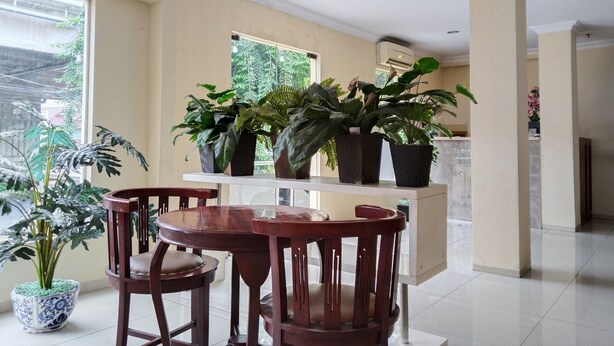 A dining area with a round wooden table and chairs, potted plants, and a view of greenery outside.