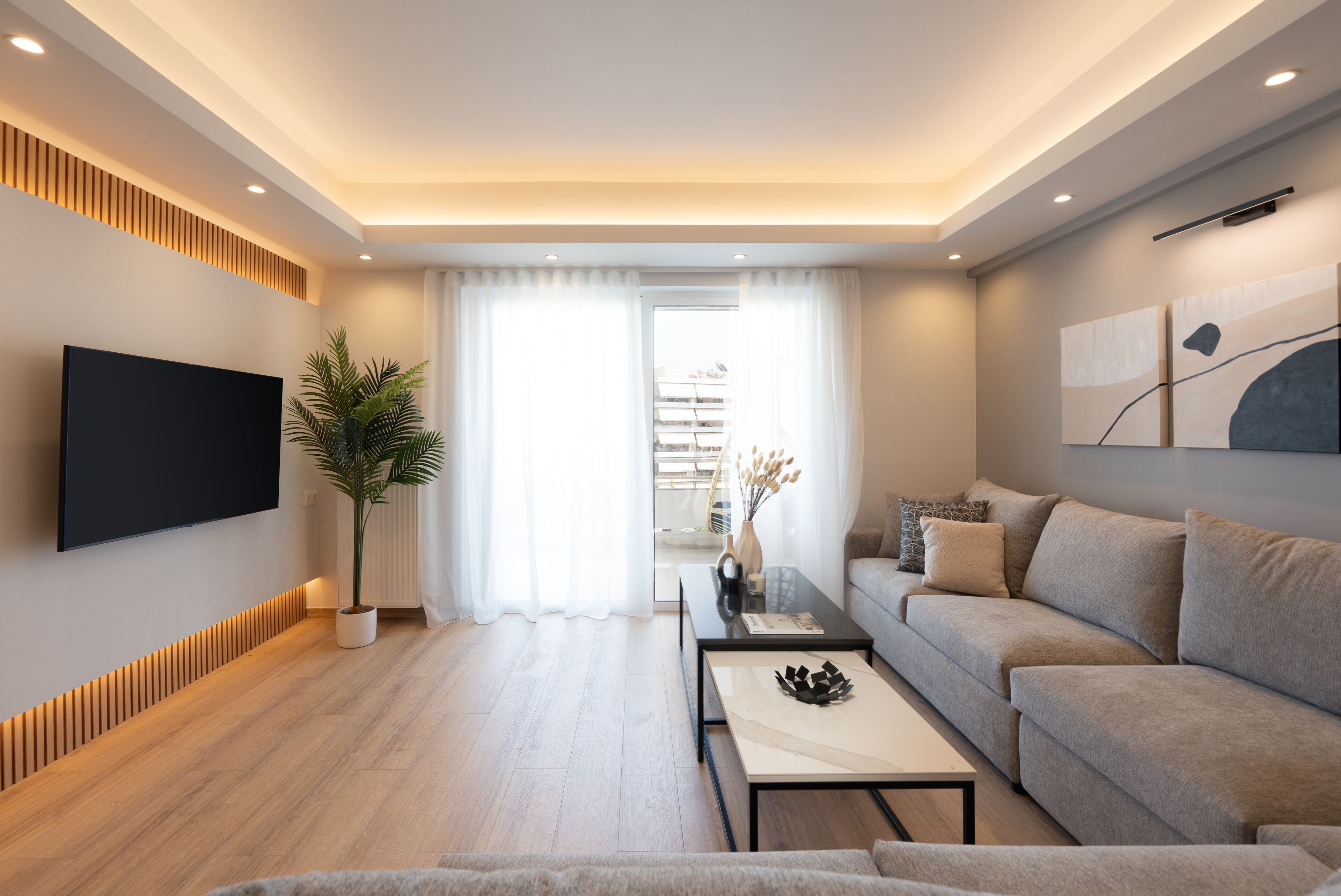 A modern living room with a flat-screen TV, a sofa, a coffee table, and a potted plant.