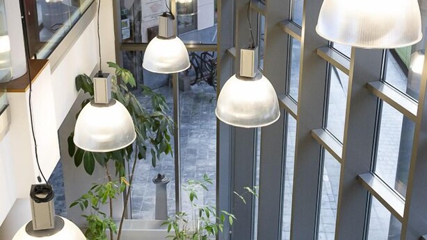 A modern interior with a glass staircase, pendant lighting, and potted plants. - Hostel van Gogh (Brussels)