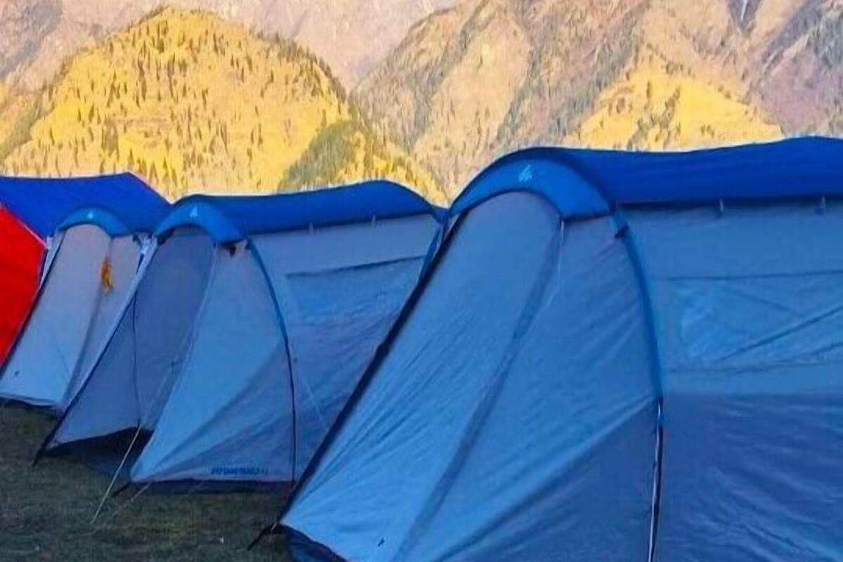 A row of blue tents set up in a grassy field with a mountain range in the background.