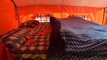 A tent with a bed inside, featuring patterned bedding and a window with a view.